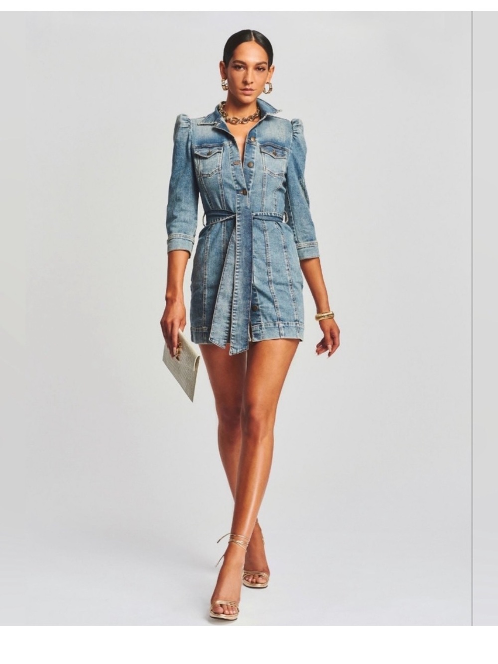 Retrofete Light Blue Denim Mini Shirt Dress - Picture 1 of 2
